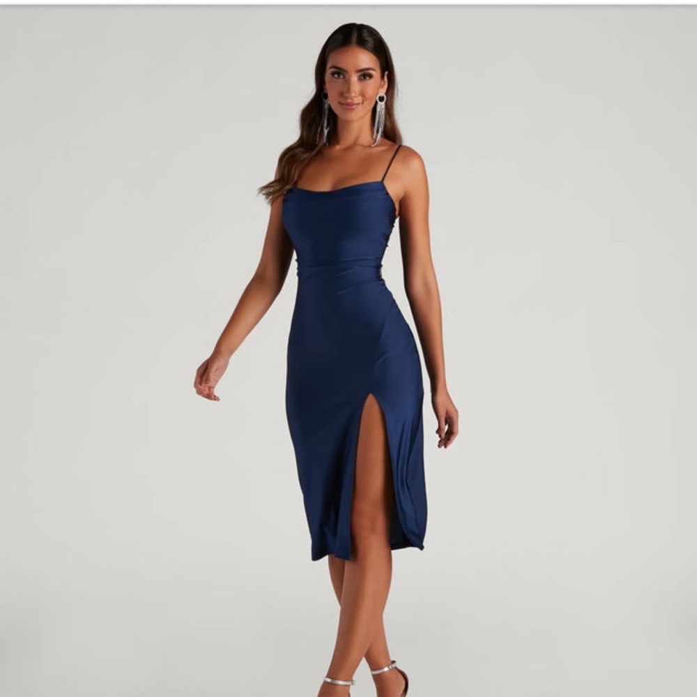 Sleek Navy High Slit Midi Dress